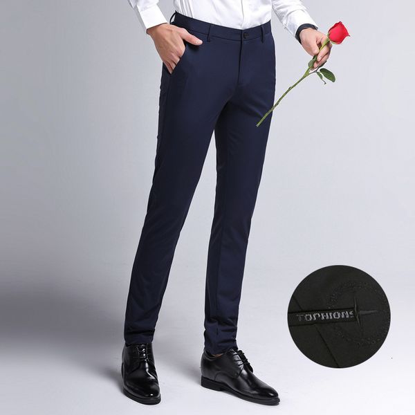 

trousers men's korean slim casual small straight leg non iron high elastic fashion, Black