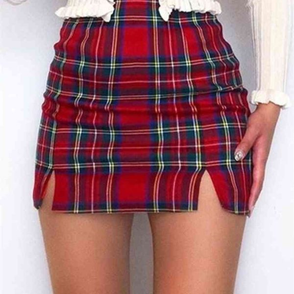 Skinny юбка летняя мода сплит подол решетчася мини-повседневная высокая талия негабаритна молодая девушка элегантная решетка 210621