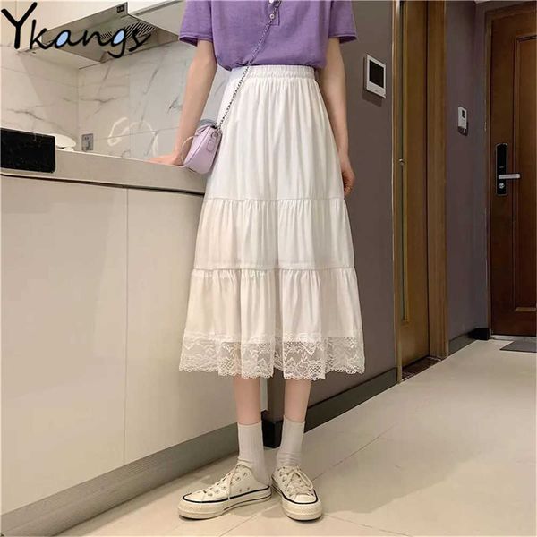 

white ruffled lace stitching long pleated skirt vintage women elastic high waist ladies bottom skirt ladies students party wild 210619, Black
