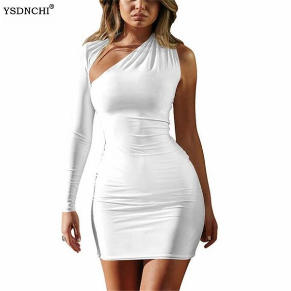 

casual dresses ysdnchi bodycon for women party clubwear white vestidos cut out one shoulder long sleeve mini solid color black, Black;gray