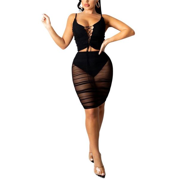

women's tracksuits women shorts set 2 pieces outfits solid sleeveless crop and ruched skirt summer sheer mesh see-through clothing, Gray