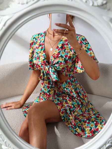 

allover floral print tie front cutout dress g81w#, Black;gray