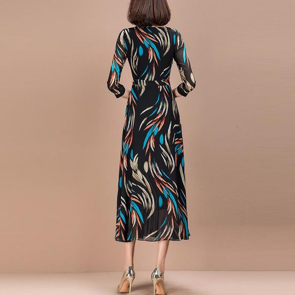 

spring fashion three quarter sleeve printed patchwork long chiffon dress for women casual dresses, Black;gray