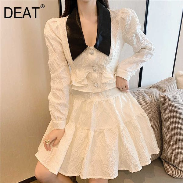 

[deat] summer fashion turn-down collar single-breasted splicing high waist skirts women two-piece 13q046 210527, White