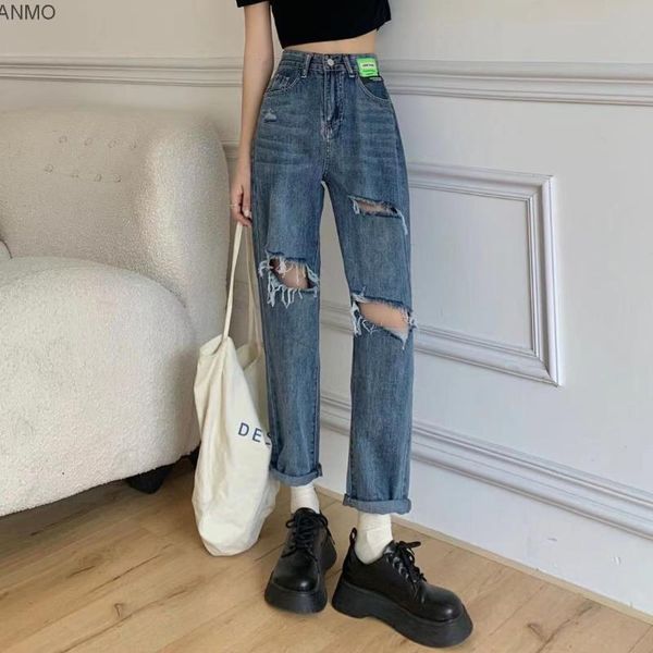 

women's jeans blue straight pants wide leg loose hole summer 2021 high waist trend