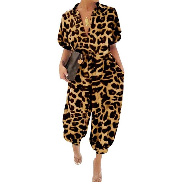 

women's jumpsuits & rompers leopard print jumpsuit women summer turn down collar short sleeve casual overalls long loose womens, Black;white