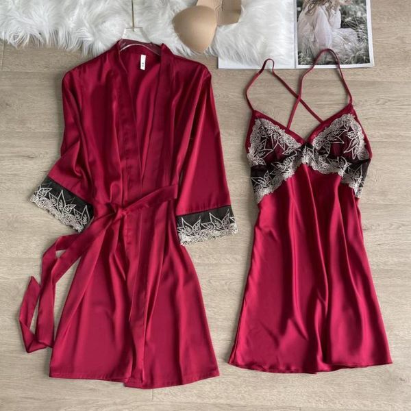 

women's sleepwear burgundy lace wedding robe set women spring summer nightgown intimate lingerie silk satin bathrobe loose homewear, Black;red