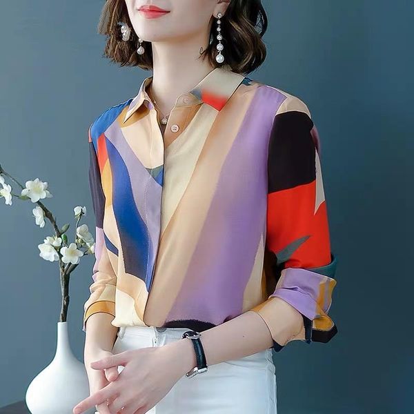 

women blouses 2021 fashion long sleeve leisure blouse shirt printed collar simulation silk loose thin mulberry 125 women's & shirts, White