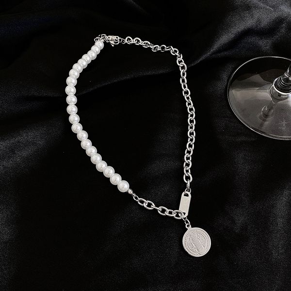 

xianlan668 pearl silver dollar card pendant necklace female ins cold wind restoring ancient ways design feeling clavicle necklace