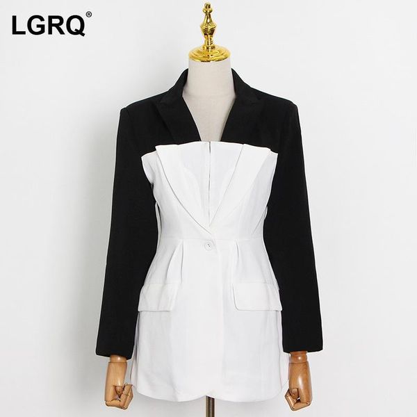 

women's suits & blazers [lgrq] women white patchwork pockets blazer notched neck long sleeve slim jacket fashion tide spring autumn 202, White;black