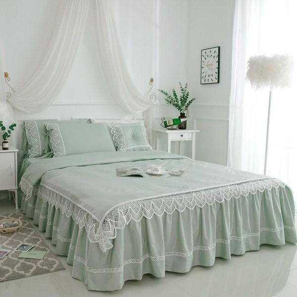 

bedding sets 100%cotton luxury set king  size green ruffle lace duvet cover bedspread solid color princess bed pillowcase skirt