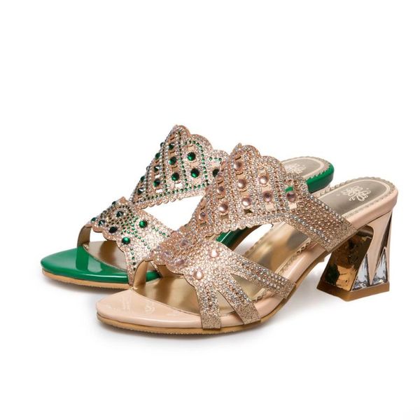 

big size 32-46 summer fashion women solid crystal strange style heels sandals 2 colors slippers, Black