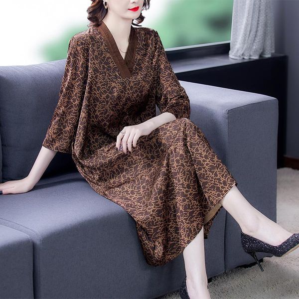 

casual dresses 2021 vintage leopard print mulberry silk satin dress spring summer 4xl plus size midi women elegant loose vestidos, Black;gray