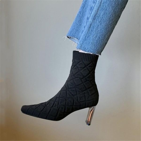 

boots pxelena korean ins celebrity lady knitting ankle slip on crystal strange high heels stretch socks office shoes party, Black