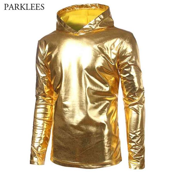 Parlak Altın Kaplamalı Metalik Ince Hoodie Kazak Moda Gece Kulübü Yemek Hoodies Tişörtü Erkek Kadın Hip Hop Hoody Tops 210813