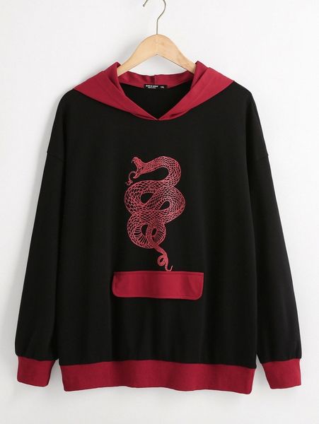 

plus snake print contrast trim hooded sweatshirt l8eu#, Black