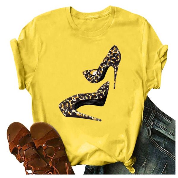 

women's fashion high heels summer loose t-shirt print short sleeve round neck casual tee shirt femme, White