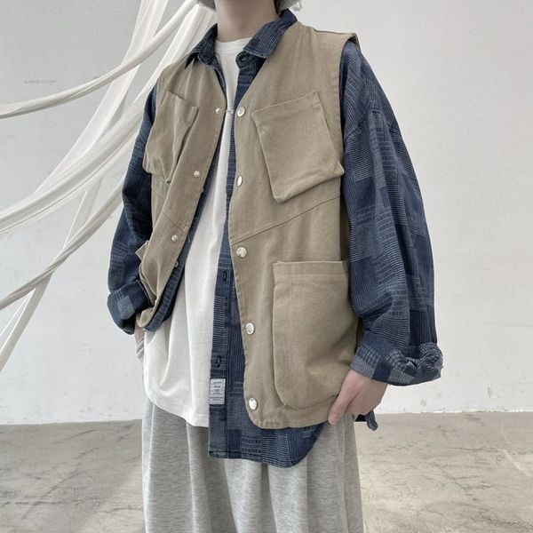 

vests spring and autumn pocket men's fashion retro casual coat men streetwear korean loose hip-hop vest jacket mens m-xl, Black;white