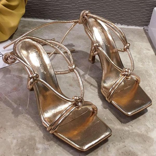 

sandals summer fashion women thin high heels gold lace up white square toe leather ladies wedding shoes 3wb2, Black