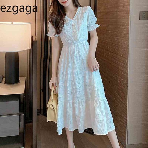 

ezgaga french style vintage elegant midi dress women short sleeve high waist solid spring korean fashion party dress 210430, Black;gray
