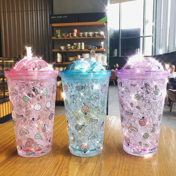 

water bottles korean version of the japanese simple double-layer ice cup student straw with lid fruit printing cold broken