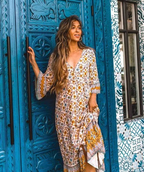 

inspired floral print waist tied maxi dress for women rayon v-neck buttons 3/4 sleeve summer dress bohemian new women dress 210412, Black;gray
