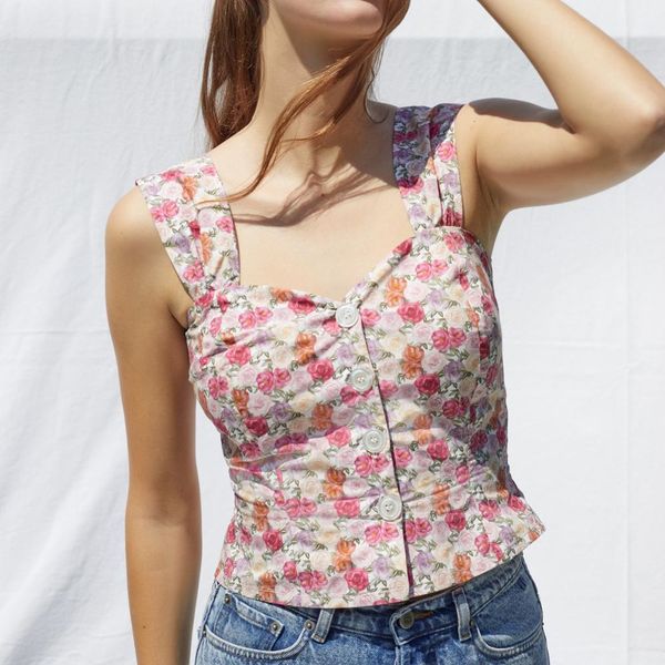 

tracksuits women cotton camis floral single breasted printed two colors fresh spring summer female, Gray