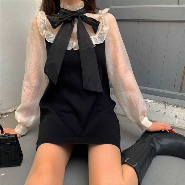 

vintage puff sleeve mini dress elegant mesh women designer goth spring korean lady wedding party robe 210604, Black;gray