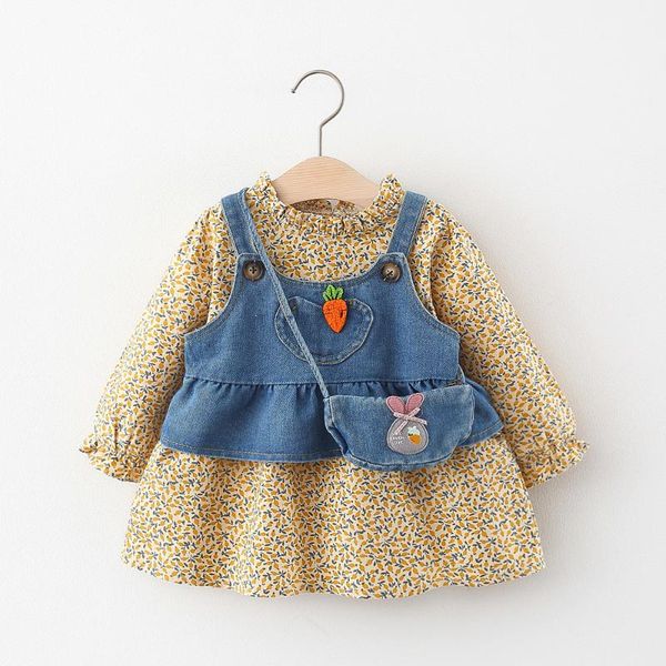

clothing sets autumn girl denim vest with floral dress bag 2021, White