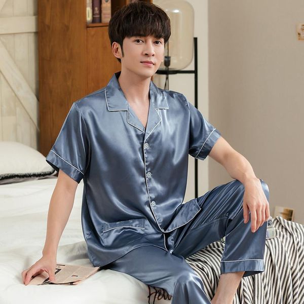 

men's tracksuits summer men sleepwear suits satin silk mens pajamas short sleeve turn-down collar loose soft plus size 3xl male nightwe, Gray