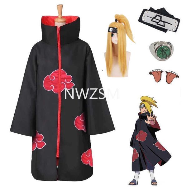 Anime Akatsuki Deidara Costume Cosplay Mantello Parrucca Set di accessori Costumi di Halloween Akatsuki Mantello Puntelli Vestiti neri e rossi Y0903