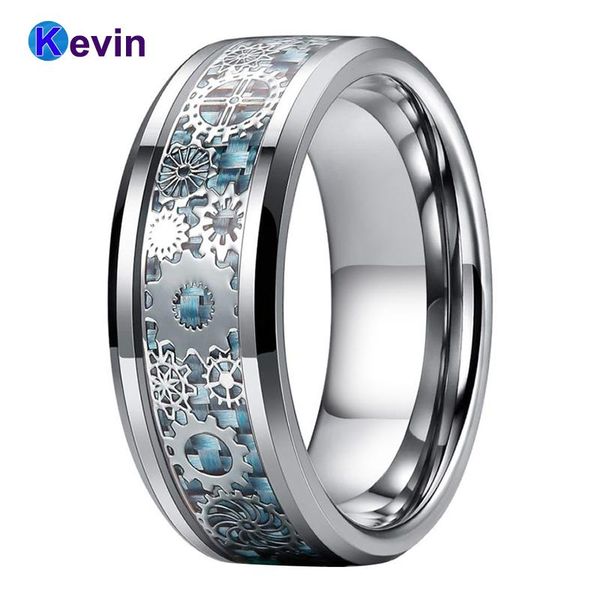 

wedding rings men women tungsten ring 8mm with mechanical gear wheel light blue carbon fiber inlay beveled edges comfort fit, Slivery;golden