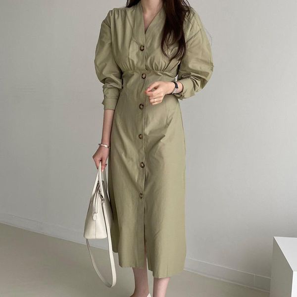 

casual dresses [ewq] 2021 spring female loose v-neck solid color single breasted long puff sleeve minimalist a-line dress 8y942, Black;gray