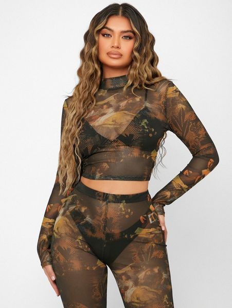 

figure graphic mock neck mesh f8ck#, White