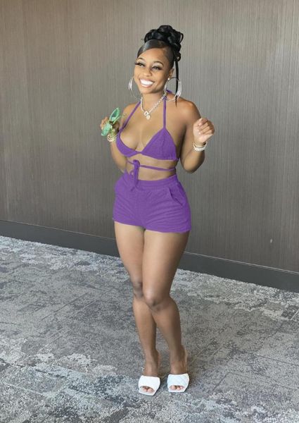 

women's tracksuits fashion women bikinis set solid bandage halter bra pockets shorts two 2 piece sets swimsuits summer beachwear o, Gray