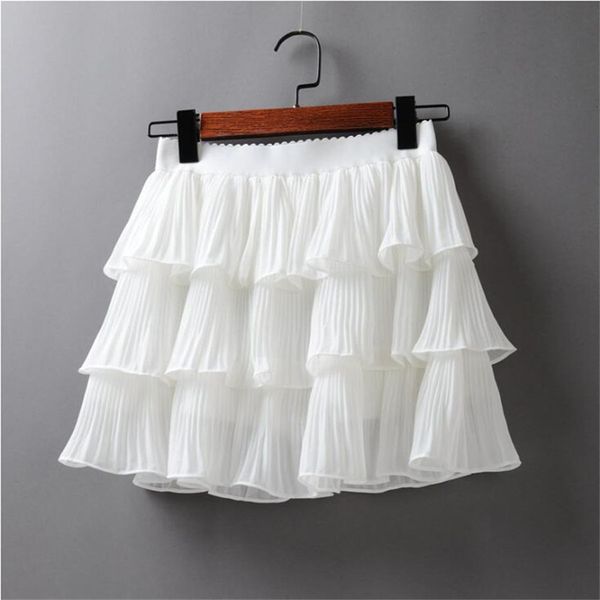 

skirts summer women pleated elasticity waist mini ladies chiffon casual cake solid color femme clothing muu9, Black