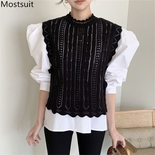 

korean knitted hollow vest women sleelvess o-neck solid fashion casual elegant ladies vests 210518, Black;white