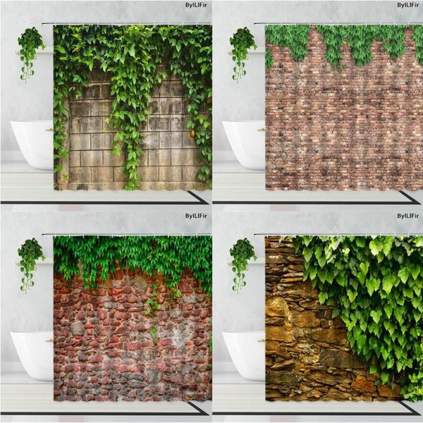 

shower curtains vintage stone wall green leaves ivy home decor background hanging cloth bathroom bath curtain fabric with hooks