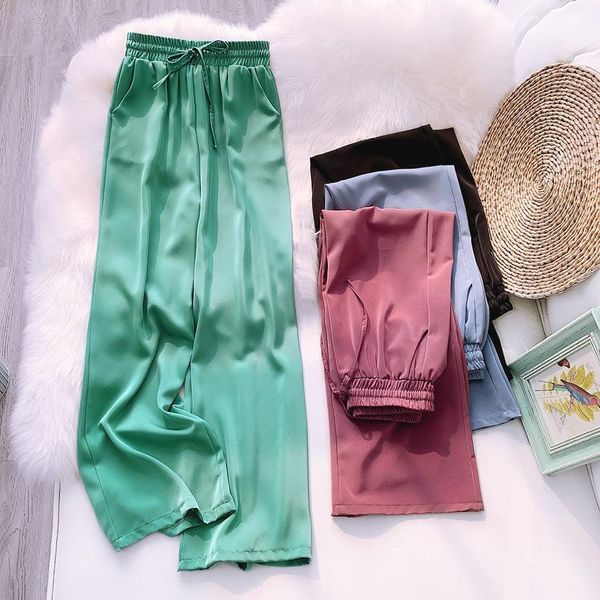 

summer wide leg satin cloud womens capris ice silk loose casual trousers drape straight gd328, Black;white