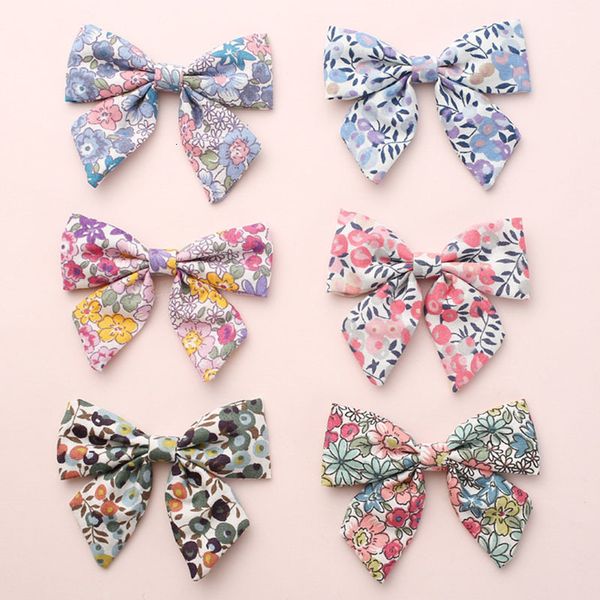 

baby girls hair bows flowers printing hair pin for children cotton barrette kids summer hair accessory, Slivery;white