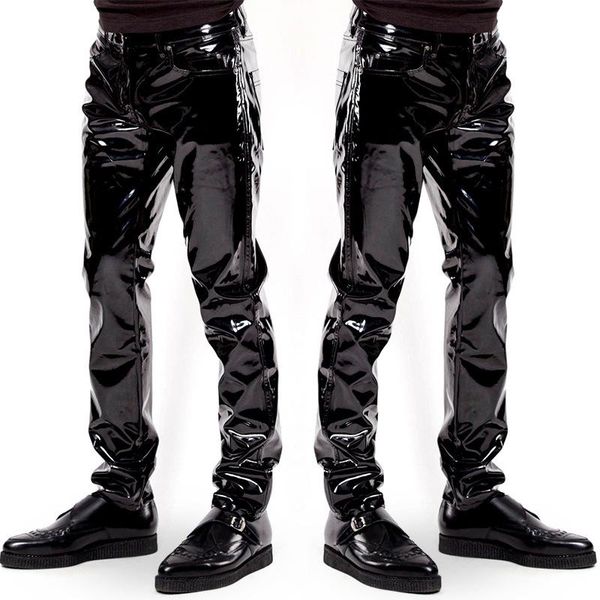 

men's pants plus size high shiny faux leather punk style specular highlight patent trousers bar club dance gay wear, Black