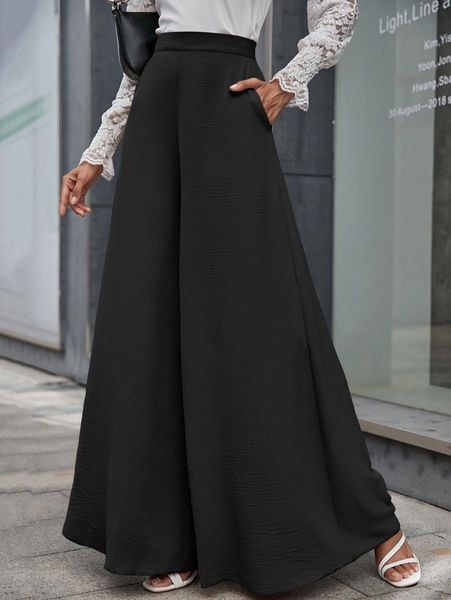 

slant pockets zipper fly palazzo pants r4i6#, Black;white