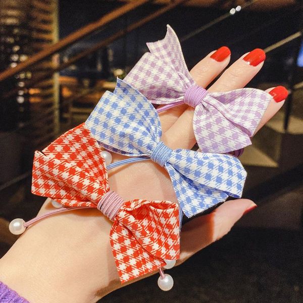 

girls plaid ribbon hair ring fresh bow rope for children rubber band head sweet princess accessories, Slivery;white