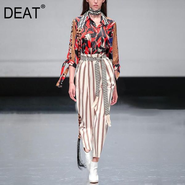 

[deat] 2021 summer fashion tide long sleeve double breasted printing shirt high waist pants women two-piece suit 13c971 women's two pie, White