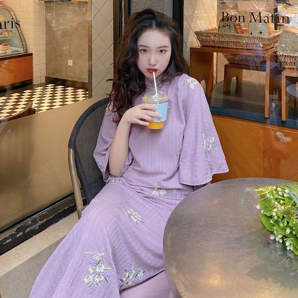 

luxury cheongsam improved cheongsam women's spring and summer 2021 young inverted large sleeve loose daily purple drs, Blue;red