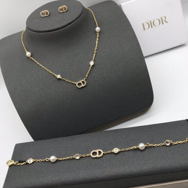 

home new fashion exquisite letter pearl crystal necklace female earring bracelet set clavicle, Silver
