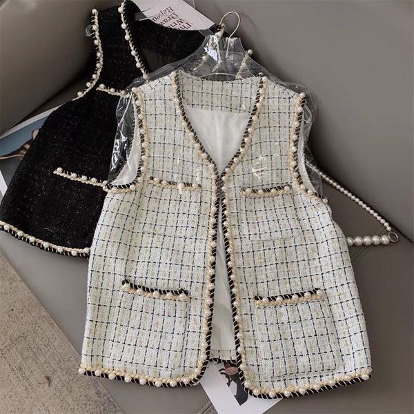 

women's vests women spring autumn fashion tweed woolen vest vintage v neck sleeveless female pearl decorations outerwear chic y207, Black;white