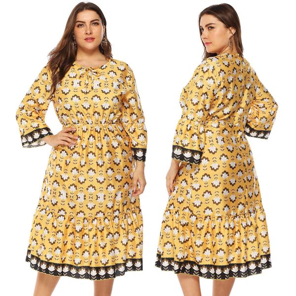 

women's plus size large autumn leaf plant print trumpet sleeve waist ruffle skirt 11018