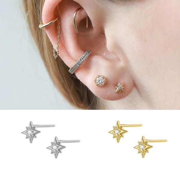 

hoop & huggie minimalist round zircon light stars mini stud earrings for women chic birthday jewelry korean women's, Golden;silver