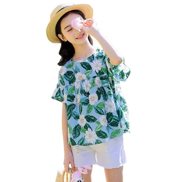 

kids clothes girls floral tshirt + short for summer clothing sets casual style tracksuit 6 8 10 12 14 210528, White